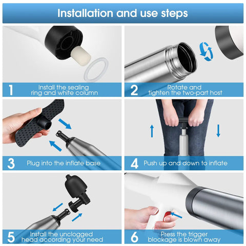 Step-by-step installation of Heavy Duty Toilet Plunger With Air Pressure Boost Workhorse Clog Remover, showing parts and usage.