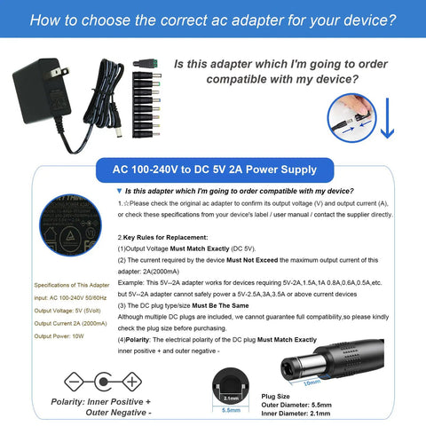 5V 2A DC Power Adapter With 9 Interchangeable Jacks 5.5x2.1mm 100-240V AC Input To 5V DC Output 10W Cable shown with specs and tips