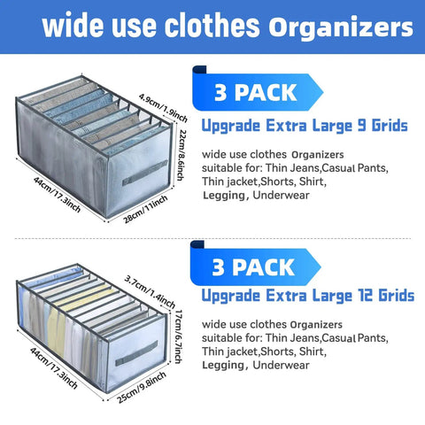 Six Piece Extra Large Closet Organizer And Storage Set for Shirts Jeans Sweaters with 9 and 12 grid layouts for various clothes