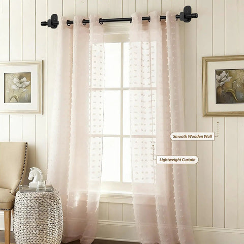 No Drill Curtain Rods For Windows 32 To 86 Inches Five Eighths Inch Adjustable Drapery Rod With Strong 3M Adhesive Mounts Renter Friendly Fits 55 To 82 Inches 4.5 To 6.8 Feet Great For Lightweight Curtains Black installed over a window with sheer curtains, showcasing a smooth wooden wall backdrop.