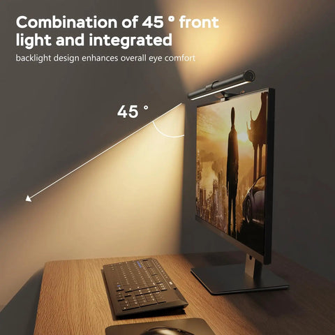 Monitor Light Bar With Remote for Eye Comfort and No Glare Screen Lighting on 27 inch display, angled at 45 degrees