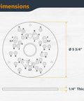 Must Have Router Base Plate Acrylic Five And Three Quarter Inch With Screws And Pre Drilled Holes For Trim And Plunge Routers Pro Grade Durable Clear Guide Bushing Plate Fits Bosch DeWalt Makita Porter Cable And More Model 71381 dimensions drawing showing 5-3/4 inch diameter and 1/4 inch thickness