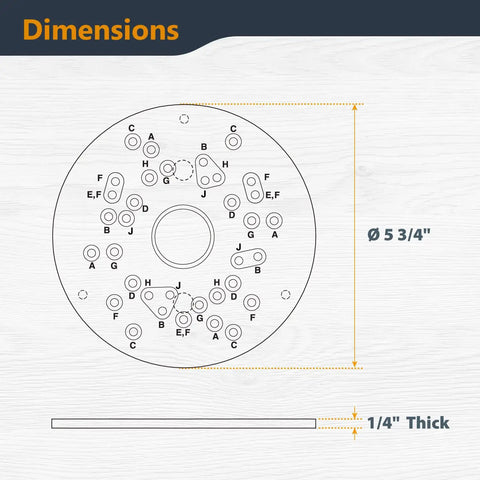 Must Have Router Base Plate Acrylic Five And Three Quarter Inch With Screws And Pre Drilled Holes For Trim And Plunge Routers Pro Grade Durable Clear Guide Bushing Plate Fits Bosch DeWalt Makita Porter Cable And More Model 71381 dimensions drawing showing 5-3/4 inch diameter and 1/4 inch thickness