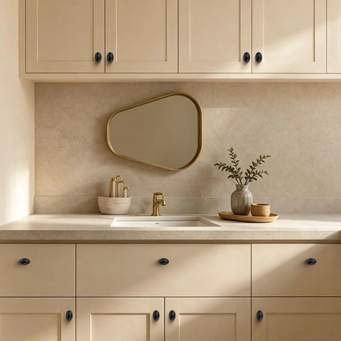 10 Pack Oval Zinc Alloy Cabinet Knobs With Straight Up Matte Black Finish on beige kitchen cabinets and sink area.