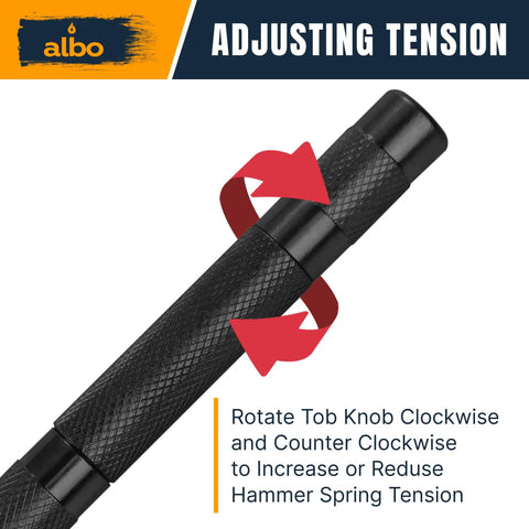 Close-up of Auto Center Punch Tool 5 Inch Spring Loaded Drill Punch For Metal Wood And Steel Heavy Duty Marking In The Workshop Blackened Finish Precision Tip 2 Pack showing adjustment instructions.