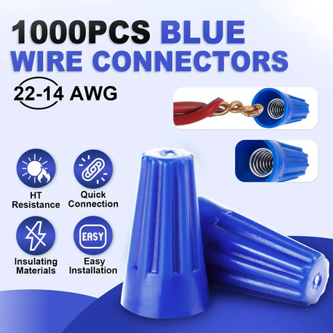 Blue 1000 Pack Wire Connector Nuts 22 To 14 AWG Waterproof Insulating Twist On Caps for Electrical Terminals Close-up