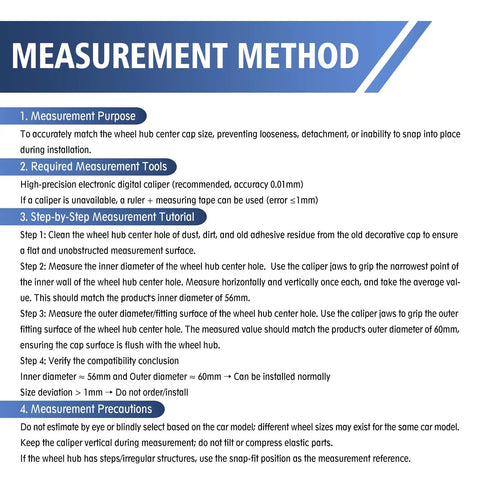 Measurement method guide for installing Four Pcs Car Wheel Center Caps 60mm Outer Diameter 56mm Inner Diameter Universal Fit.