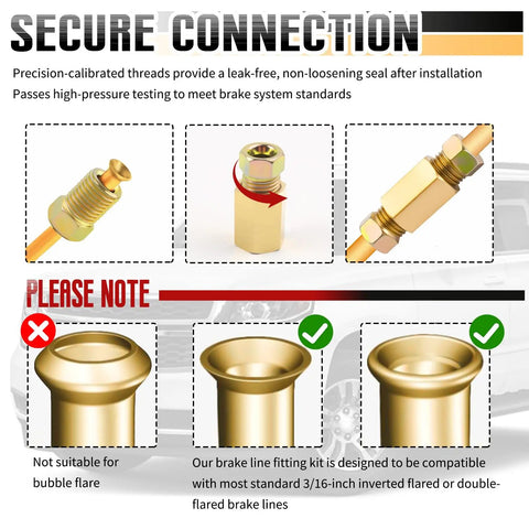 12-Piece 3/16 Inch Brake Line Fittings Kit With 4 Connectors And 8 Pipe Nuts For Double And Inverted Flare Brake Lines, DIY Car And Truck Brake Repair, Brass Construction For Durable, Leak-Free Fixes. secure brass brake line fittings for 3/16-inch double flare lines, shown with flare compatibility guide