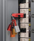 Group Lockout Hasp With Vinyl Coated Handle And Extended Jaw Red One And One Half Inch Inside Diameter Heavy Duty Steel Construction OSHA Compliant Lockout Tagout Device For Up To Six Workers on circuit breakers