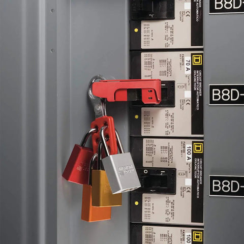 Group Lockout Hasp With Vinyl Coated Handle And Extended Jaw Red One And One Half Inch Inside Diameter Heavy Duty Steel Construction OSHA Compliant Lockout Tagout Device For Up To Six Workers on circuit breakers
