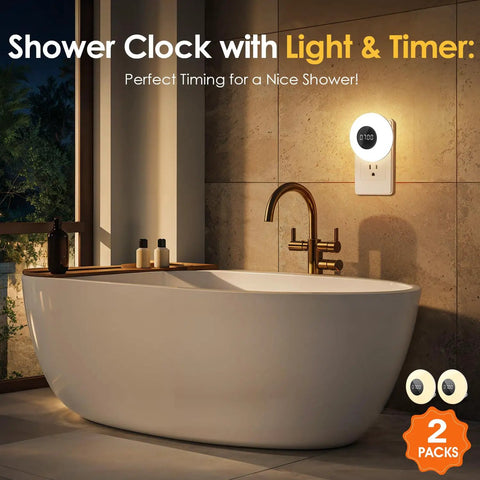 Two Pack Bathroom Clock With Dimmable Night Light And Remote Shower Timer, shown in bathroom setting next to tub