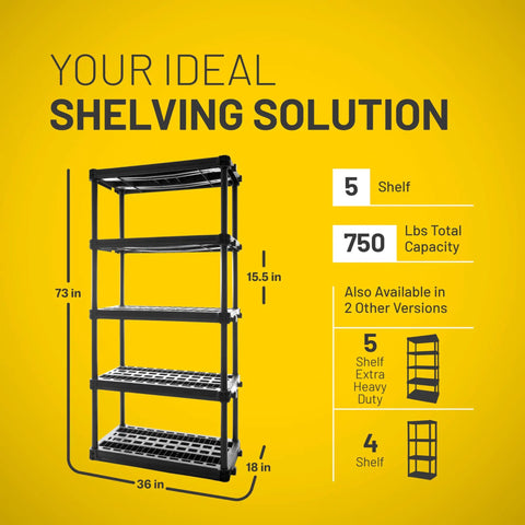 Heavy Duty Five Shelf Plastic Storage Rack Measuring 73 X 36 X 18 Inches With A 750 Lb Weight Capacity Built Like A Tank For Garage Pantry Closets And Offices Easy As Pie Setup Delivers Rock Solid Organization