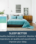 Bedroom scene with Indoor Air Quality Monitor, smart home sensor app on smartphone, promoting healthier sleep environment.