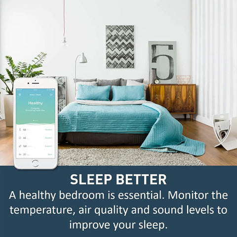 Bedroom scene with Indoor Air Quality Monitor, smart home sensor app on smartphone, promoting healthier sleep environment.