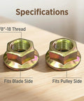 Top Shelf Drop In Lawn Mower Spindle Blade Nut Hex Flange Fastener With Rock Solid 5/8-18 Thread showing specifications on a wooden surface.