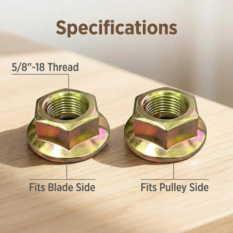Top Shelf Drop In Lawn Mower Spindle Blade Nut Hex Flange Fastener With Rock Solid 5/8-18 Thread showing specifications on a wooden surface.