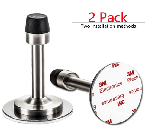 Zero Hassle Wall Mount Door Stopper, Straight Up Self Adhesive Tape Or Screw Grip, Brushed Stainless Steel Frame With Thick Rubber Bumper shown from the side.