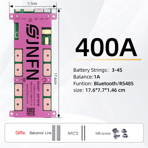Smart BMS for 3S and 4S Li-Ion Battery Packs, 12V Class, 400A Peak, product dimensions and features displayed.