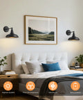 Black Vintage Battery Operated Wall Sconce Set Of 2 With Remote Control Cordless Indoor Wall Lamps in bedroom setup