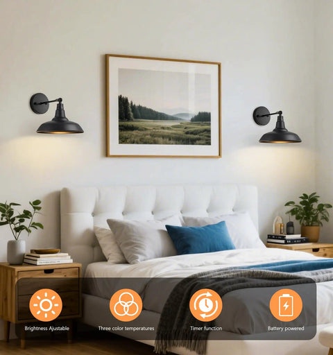 Black Vintage Battery Operated Wall Sconce Set Of 2 With Remote Control Cordless Indoor Wall Lamps in bedroom setup