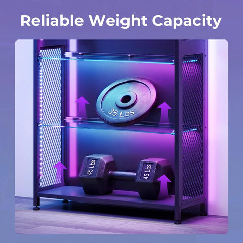 Four Tier Tempered Glass Display Cabinet With RGB Led Lighting And Music Sync For Flexing Sneakers Figurines And Dope Collectibles In Any Game Night Vibes Setup showcasing weights with clear capacities.