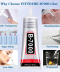 Clear B7000 Glue Kit With Precision Tip 110Ml All In One Multipurpose Adhesive For Rhinestones Crafts Fabric Shoes Jewelry Making Nail Art DIY Makeup No Mess Easy Applicator Tools Included packaging with features shown