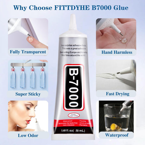 Clear B7000 Glue Kit With Precision Tip 110Ml All In One Multipurpose Adhesive For Rhinestones Crafts Fabric Shoes Jewelry Making Nail Art DIY Makeup No Mess Easy Applicator Tools Included packaging with features shown
