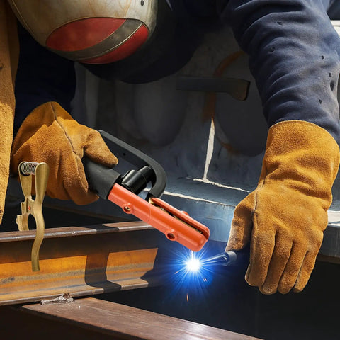 Using 300 Amp Brass T Style Welding Ground Clamp And Electrode Holder Combo for heavy duty welding in a workshop.