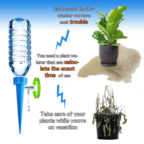 Image of Plant Watering Spikes 12 Pack Auto Drippers Irrigation System with Adjustable Control Valve in use with potted plants.
