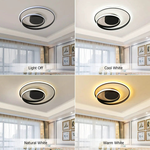 Sleek Modern Black Spiral Ceiling Light Round Flush Mount LED Fixture With Remote Control Dimmable Energy Saving 47W lit in various white tones