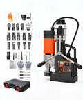 Powerful 1850W Magnetic Drill Press With 2 Inch Boring Capacity, Adjustable Speed Control, and High Torque for Metalworking Projects with accessories.