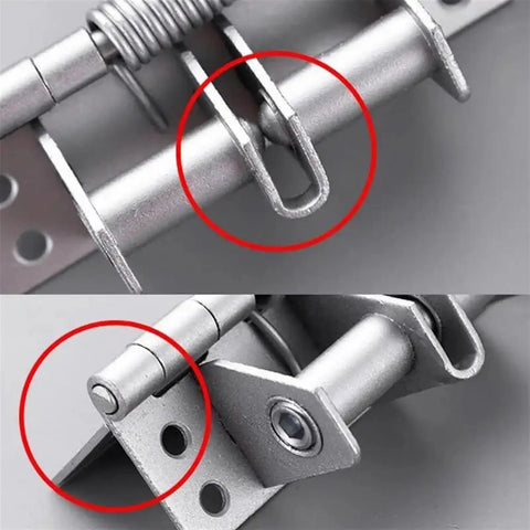 Heavy Duty Self Closing Spring Hinges For Doors And Gates No Brainer Install And Smooth Auto Close For Home And Commercial Use Sturdy Steel Construction Built To Last Reliable Hinged Hardware. Close-up of steel self-closing door hinge with spring and mounting holes