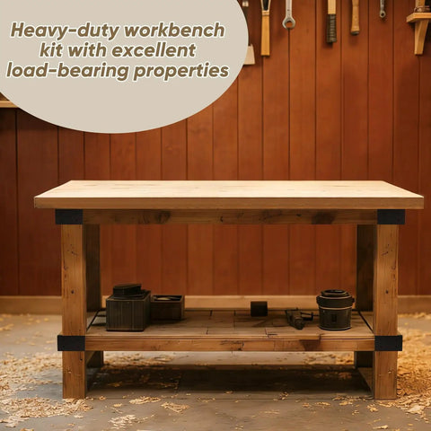 Heavy Duty Workbench Bracket Kit 4 Pack With 3-Way Right Angle Corner Brackets For 4x4 And 2x4 Wood assembled on workbench