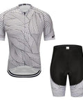 Black and white cycling jersey and shorts set with abstract line pattern, front view.