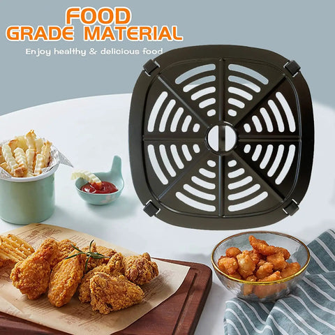 Premium Air Fryer Crisper Tray For Dash Mini 2.6 Qt displayed with crispy fried chicken and fries on a wooden tray.