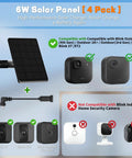 Diagram showing compatibility of 4 Pack 6W Solar Panel For Blink Cameras Plug And Play Outdoor Solar Power Kit with Blink models
