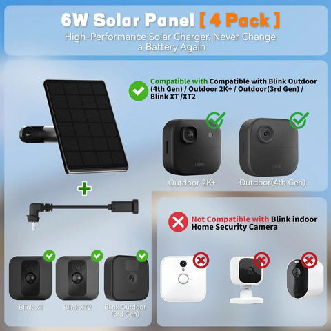 Diagram showing compatibility of 4 Pack 6W Solar Panel For Blink Cameras Plug And Play Outdoor Solar Power Kit with Blink models