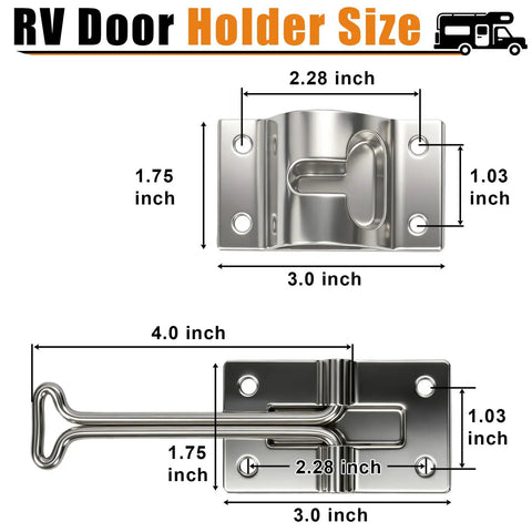 Heavy Duty 4 Inch RV Door Holder 304 Stainless Steel Camper Door Stop With Mounting Hardware size diagram showing dimensions.