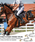 Rider on horse wearing Two Pack Horse Spurs Set In Stainless Steel With Gear Copper Rowels, equestrian trail riding accessory.