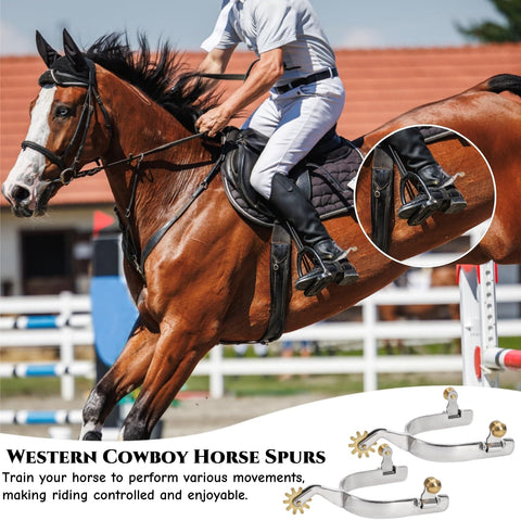 Rider on horse wearing Two Pack Horse Spurs Set In Stainless Steel With Gear Copper Rowels, equestrian trail riding accessory.