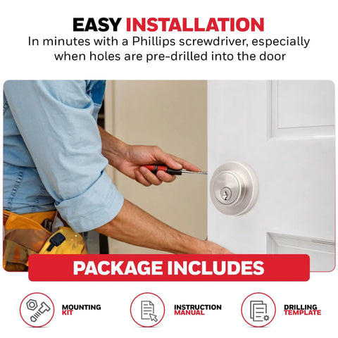Single Cylinder Satin Nickel Deadbolt With ANSI Grade 3 Certified Security being installed on a white door with screwdriver