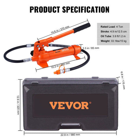 Heavy Duty 4 Ton Porta Power Kit With Portable Hydraulic Jack And 3.9 Ft Hose For Auto Body Frame Repair Plus Truck Farm Use Includes Storage Case and Spreader, with dimensions and specifications.