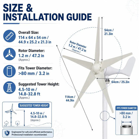 Diagram showing size and installation for Powerful 1200W Wind Turbine Generator Kit For Home Use With 5 Blade System Starts At 2.5 MPS