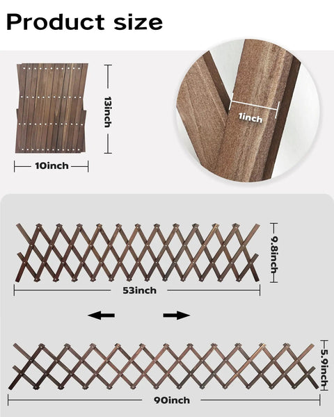 Expandable Garden Trellis System For Indoor And Outdoor Use, showing size expansion from 10x13 inches to 90 inches, wooden material