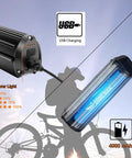 Ultra Bright 1800 Lumen Bike Light With Five Modes showing USB charging and 4000mAh battery, silhouette of cyclist background.