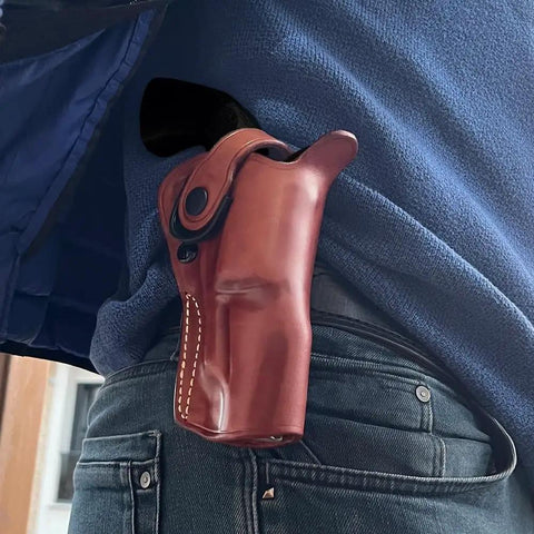 OWB Leather Paddle Revolver Holster With Retention Strap For Pietta 1858 Ace Black Powder 44 Cal 3 Inch Right Hand Quick Draw Brown