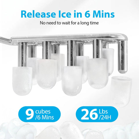 Black countertop ice maker with stainless steel extraction rods and bullet ice cubes