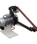 Heavy Duty Belt Sander With Easy Adjust Speed Control And Three Swappable Grinding Wheels For Pro Knife Resharpening And Wood Polish Work, showing motor and belt design.