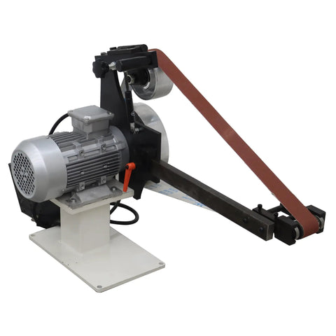 Heavy Duty Belt Sander With Easy Adjust Speed Control And Three Swappable Grinding Wheels For Pro Knife Resharpening And Wood Polish Work, showing motor and belt design.