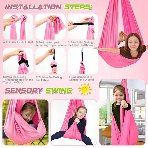 Child enjoying pink Sensory Swing Stand Frame With Pod Chair And Swings Set For Kids And Adults Heavy Duty Metal Swing Set